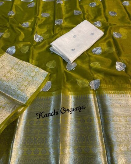 Mahendi Color Pan Deisgn Kanchi Organza Jacquard Full Worked Saree With Raw Silk Squence Work Blouse & Silk Border - Navshtri Family