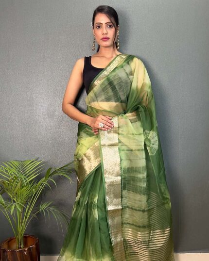 Mahendi Color Pure Kanchi Organza Jacquard Full Worked Saree With Blouse & Silk Border - Navshtri Family