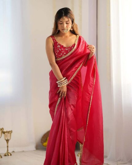 Maroon Color 1-Minute Ready To Wear Soft Gold Crush Silk Saree with Lace Border & Stitched Blouse - Navshtri Family