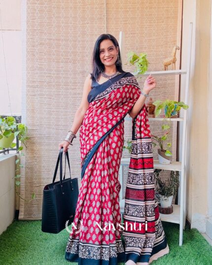 Maroon Melody - Maroon Linen Elegance with All Over Floral & Contrast Black Blouse - Navshtri Family