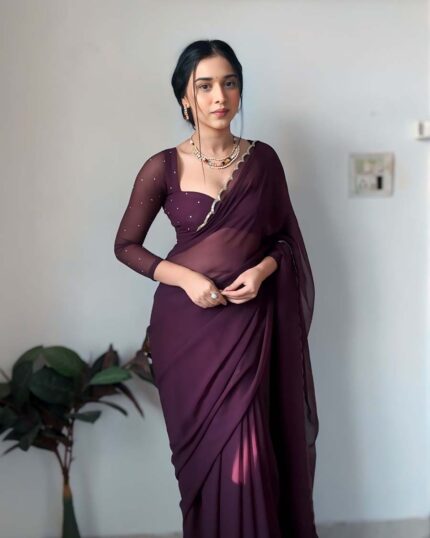 Marron Color 1-Minute Ready To Wear Georgette Saree With Stitched Blouse - Navshtri Family