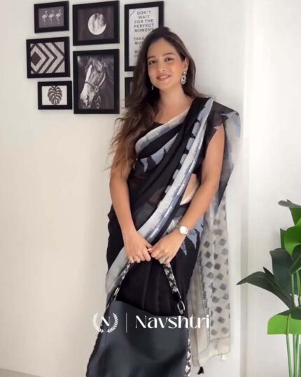 Midnight Snow - Black Saree with White Accent Border and Black Blouse - Navshtri Family