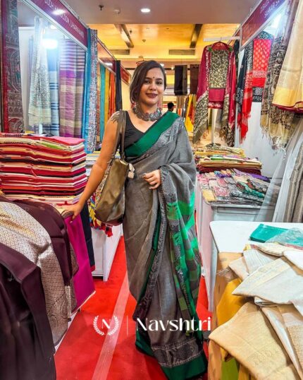 Misty Forest - Grey Linen Saree with Black Blouse & Green Border - Navshtri Family