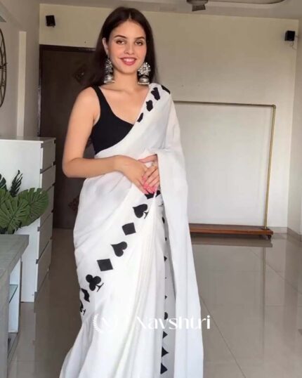 Moonlit Edge - White Color Linen Saree with Black Color Blouse - Navshtri Family