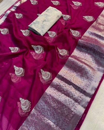 Mulberry Pink Color Premium Kanchi Organza Jacquard Full Worked Saree With Raw Silk Squence Work Blouse & Silk Border - Navshtri Family