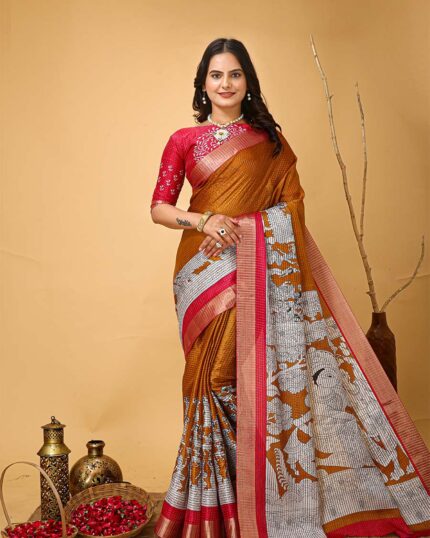 Mustrad Yellow Color Latest Design Dola Silk Saree with Blouse Piece - Navshtri Family