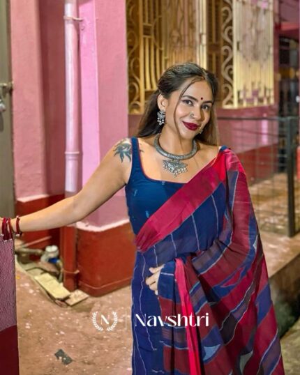 Navy Blossom - Navy Linen Saree with Pink Border & Matching Blouse - Navshtri Family
