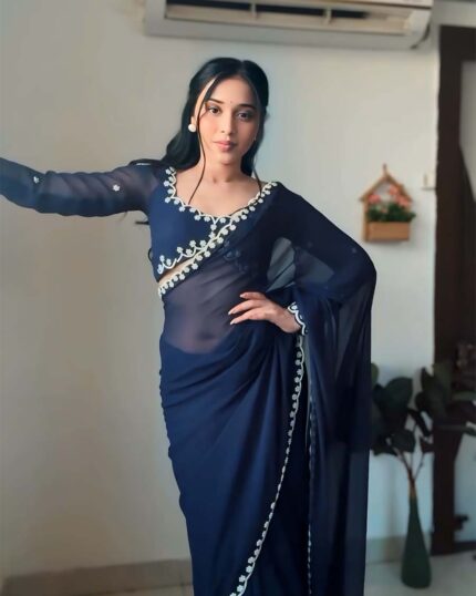 Navy Blue Color 1-Minute Ready To Wear Georgette Saree With Blouse Piece - Navshtri Family