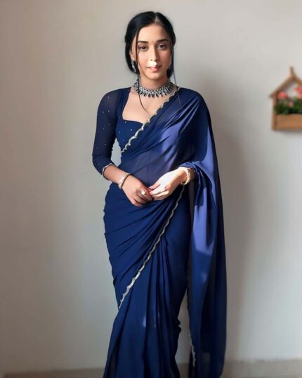 Navy Blue Color 1-Minute Ready To Wear Georgette Saree With Stitched Blouse - Navshtri Family