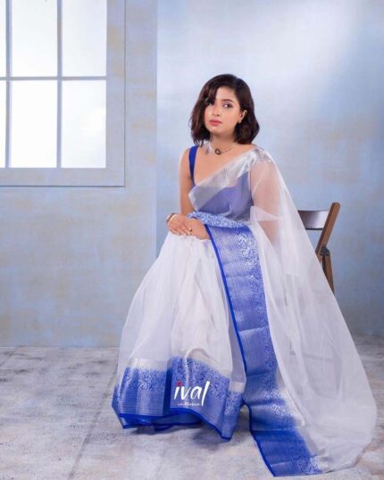 Navy blue Color Kanchi Pure Organza Jacquard Saree with Pure Zari Weaving - Navshtri Family