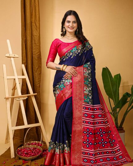 Navy Blue Color Latest Collection Dola Silk Saree with Blouse Piece - Navshtri Family
