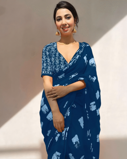 Navy Blue Color Mulmul Cotton 1 - Minute Ready to Wear Saree with Pocket and Blouse Piece - Navshtri Family