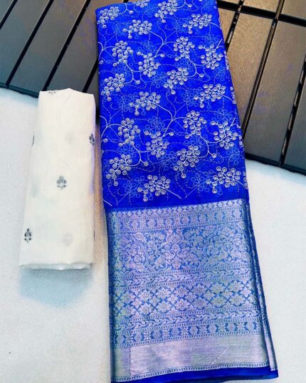 Navy Blue Color Pure Kanchi Organza Jacquard Full Worked Saree With Raw Silk Squence & Silk Border - Navshtri Family