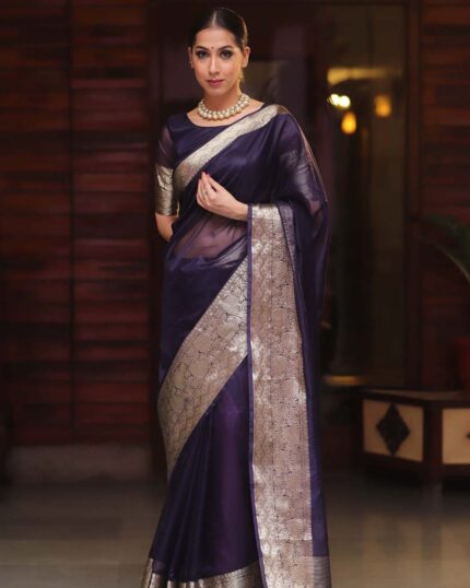Navy Blue Colour New Collection Pure Kanchi Organza Jacquard Full Worked Saree With Blouse & Silk Border - Navshtri Family
