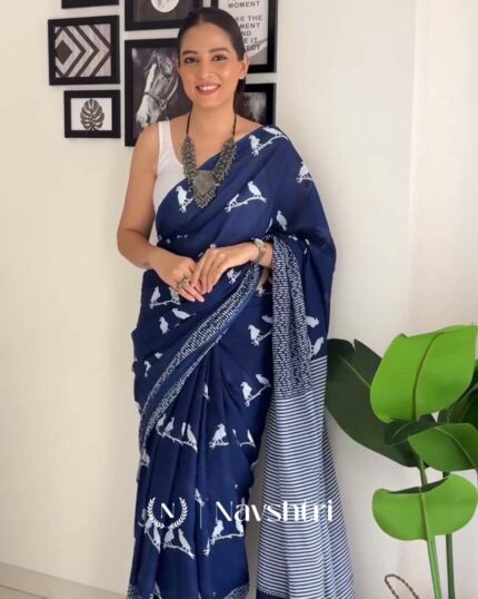Navy Mist - Navy Blue Linen Saree with White Blouse Piece - Navshtri Family