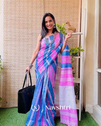 Neel Gulabi - Blue and Pink Saree with White Contrast Blouse - Navshtri Family