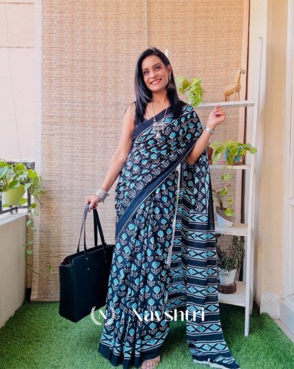 Neel kamal - Navy Blue Floral Linen Saree with Matching Blouse - Navshtri Family
