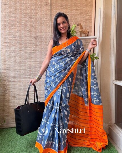 Neel Kesari - Blue Linen Saree with Saffron Edge & Black Blouse - Navshtri Family