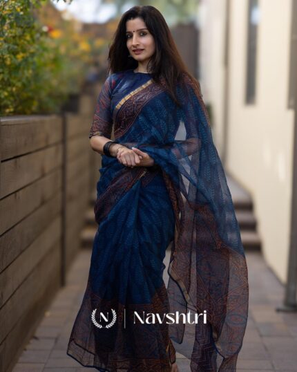 Neel Pushp - Floral Navy Linen Saree with Same-Tone Blouse Piece - Navshtri Family
