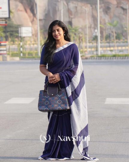 Neela Chandi - Navy Blue Linen Saree with White Border & Blouse Piece - Navshtri Family
