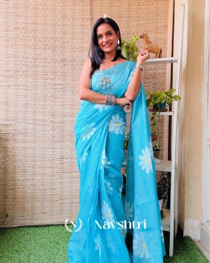 Neela Phool - Blue Saree with White Contrast Blouse & Floral Work - Navshtri Family