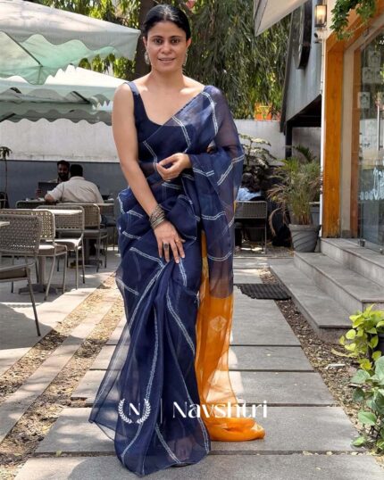 NeelKesar - Navy Blue and Saffron Linen Saree with Navy Blue Blouse - Navshtri Family