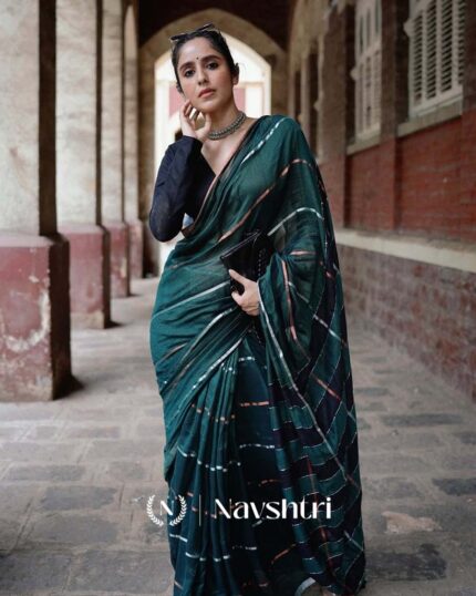 Neem Noir - Green Color Linen Saree with Black Blouse Piece - Navshtri Family