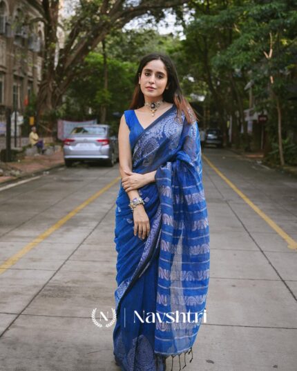 Nilaya Luxe - Blue Linen Saree with Premium Design & Matching Blouse - Navshtri Family