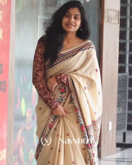 Noor-e-Maroon - Cream Linen Drape with Maroon Blouse Fabric - Navshtri Family