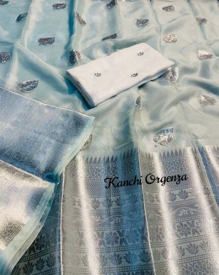 Ocean Blue Color Pan Deisgn Kanchi Organza Jacquard Full Worked Saree With Raw Silk Squence Work Blouse & Silk Border - Navshtri Family