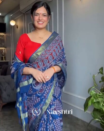 Ocean Flame - Navy Blue Linen Saree with Fiery Red Blouse - Navshtri Family