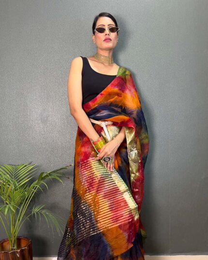 Orange And Black Color Pure Kanchi Organza Jacquard Full Worked Saree With Blouse & Silk Border - Navshtri Family