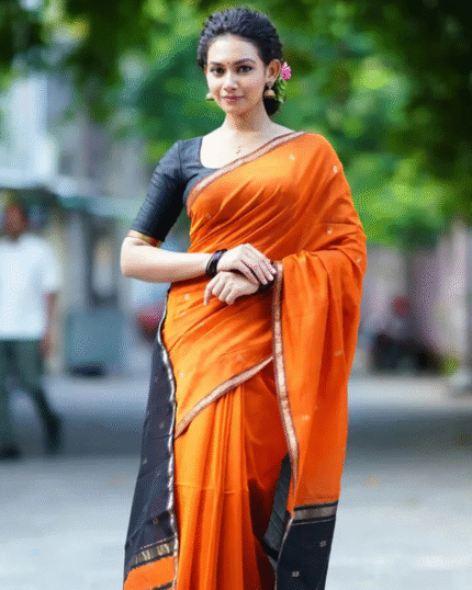 Orange And Black Premium Cotton Silk Saree With Classy Blouse and tassels - Navshtri Family