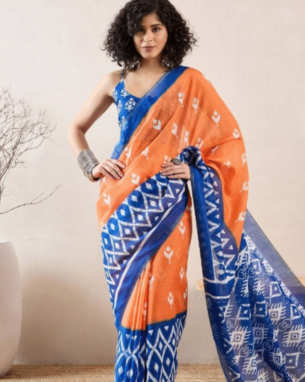 Orange And Blue Color Mulmul Cotton 1 - Minute Ready to Wear Saree with Pocket and Blouse Piece - Navshtri Family