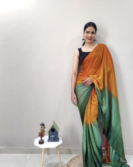 Orange and Green Color Ready to Wear Naylon Saree with Blouse Piece - Navshtri Family