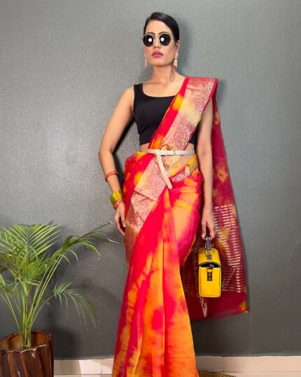 Orange And Red Color Pure Kanchi Organza Jacquard Full Worked Saree With Blouse & Silk Border - Navshtri Family