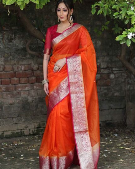 Orange Colour New Collection Pure Kanchi Organza Jacquard Full Worked Saree With Blouse & Silk Border - Navshtri Family