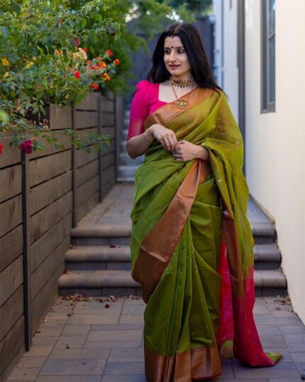 Parrot Color Premium Cotton Silk Saree With Classy Blouse and tassels - Navshtri Family