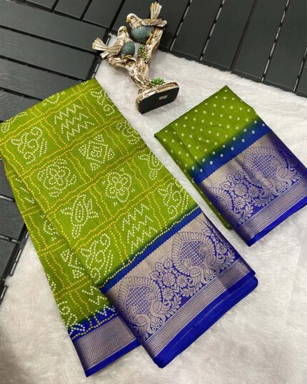 Parrot Green Color New Collection Dola Silk Saree with Blouse Piece - Navshtri Family