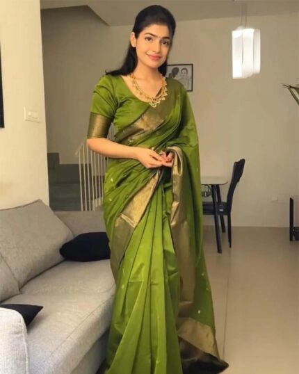 Parrot Green Color Premium Cotton Silk Saree With Classy Blouse and tassels - Navshtri Family