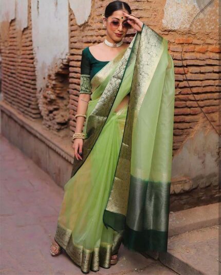 Parrot Green Colour New Collection Pure Kanchi Organza Jacquard Full Worked Saree With Blouse & Silk Border - Navshtri Family