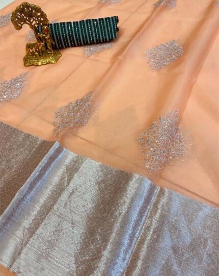 Peach Color Kanchi Organza Jacquard Full Worked Saree for Indian Wedding With Full Embroidery Sequence Work Unsittch Blouse - Navshtri Family