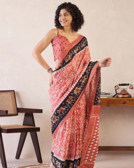 Peach Color Mulmul Cotton 1 - Minute Ready to Wear Saree with Pocket and Blouse Piece - Navshtri Family