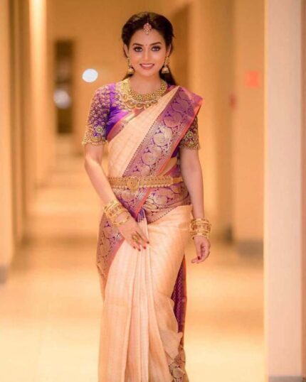 Peach Color Soft Banarasi Silk Saree with Golden Zari Work for Wedding - Navshtri Family