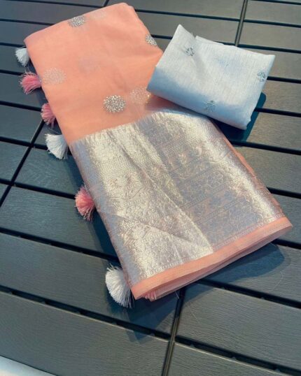 Peach Colour Light Weight Pure Kanchi Organza Jacquard Full Worked Saree With Blouse & Silk Border - Navshtri Family