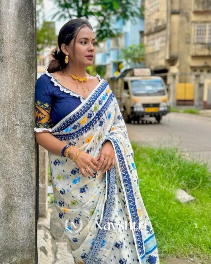 Pearl Blue - White Linen Saree with Blue Blouse Piece - Navshtri Family