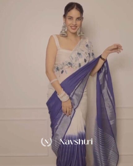 Phoolwari - White and Lilac Linen Saree with White Blouse Piece - Navshtri Family