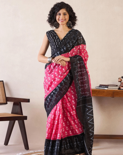 Pink And Black Color Mulmul Cotton 1 - Minute Ready to Wear Saree with Pocket and Blouse Piece - Navshtri Family