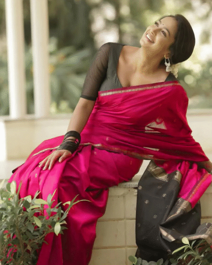 Pink And Black Premium Cotton Silk Saree With Classy Blouse and tassels - Navshtri Family