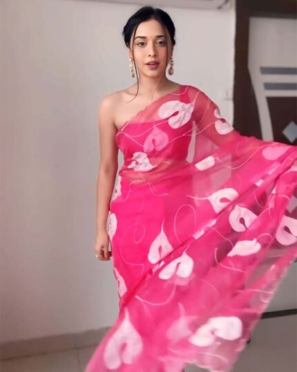 Pink Color 1-Minute Ready To Wear Organza Saree With Blouse Piece - Navshtri Family